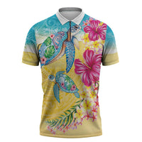 Hawaiian Tropical Plants Turtles Zipper Polo Shirt Watercolor Style - Polynesian Pride