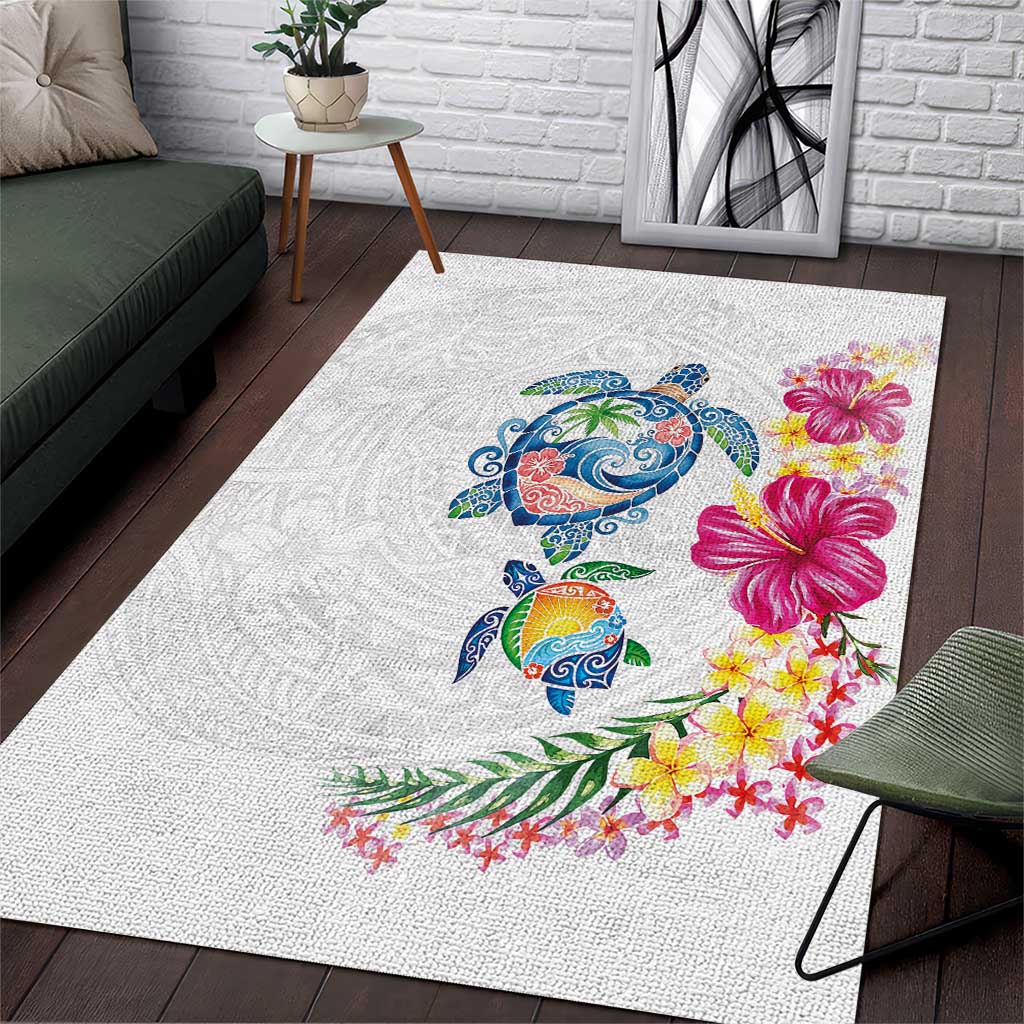 Hawaiian Abstract Art Turtles Area Rug with Plumeria and Hibiscus - Polynesian Pride