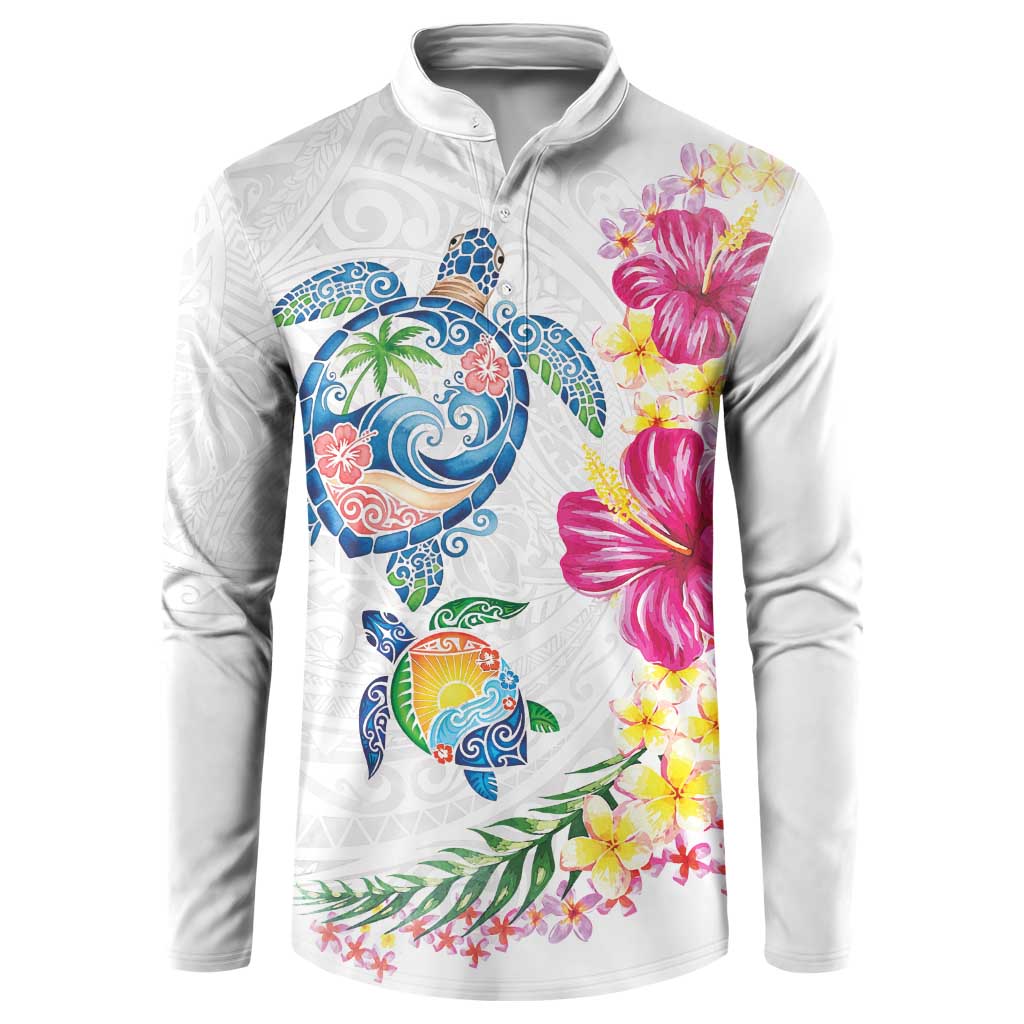 Hawaiian Abstract Art Turtles Button Sweatshirt with Plumeria and Hibiscus - Polynesian Pride