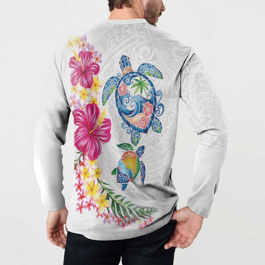Hawaiian Abstract Art Turtles Button Sweatshirt with Plumeria and Hibiscus - Polynesian Pride