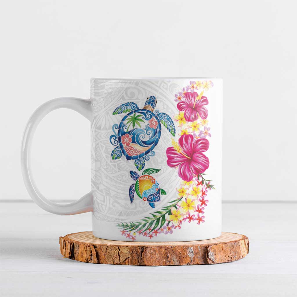 Hawaiian Abstract Art Turtles Ceramic Mug with Plumeria and Hibiscus - Polynesian Pride