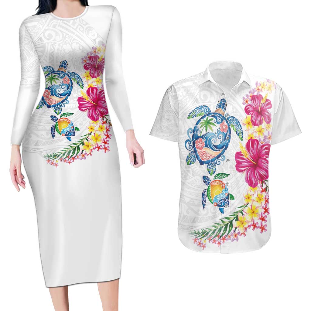Hawaiian Abstract Art Turtles Couples Matching Long Sleeve Bodycon Dress and Hawaiian Shirt with Plumeria and Hibiscus LT03 White - Polynesian Pride