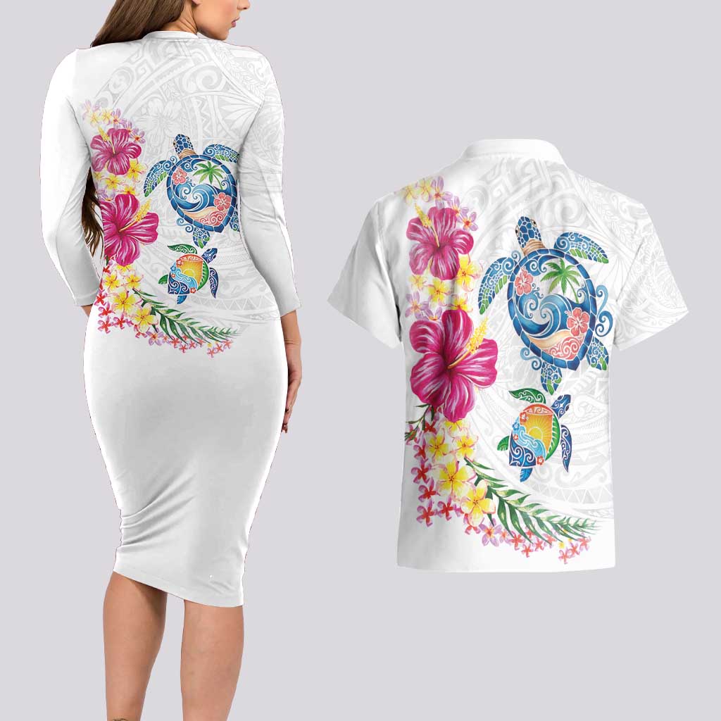 Hawaiian Abstract Art Turtles Couples Matching Long Sleeve Bodycon Dress and Hawaiian Shirt with Plumeria and Hibiscus LT03 - Polynesian Pride