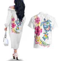 Hawaiian Abstract Art Turtles Couples Matching Off The Shoulder Long Sleeve Dress and Hawaiian Shirt with Plumeria and Hibiscus LT03 - Polynesian Pride