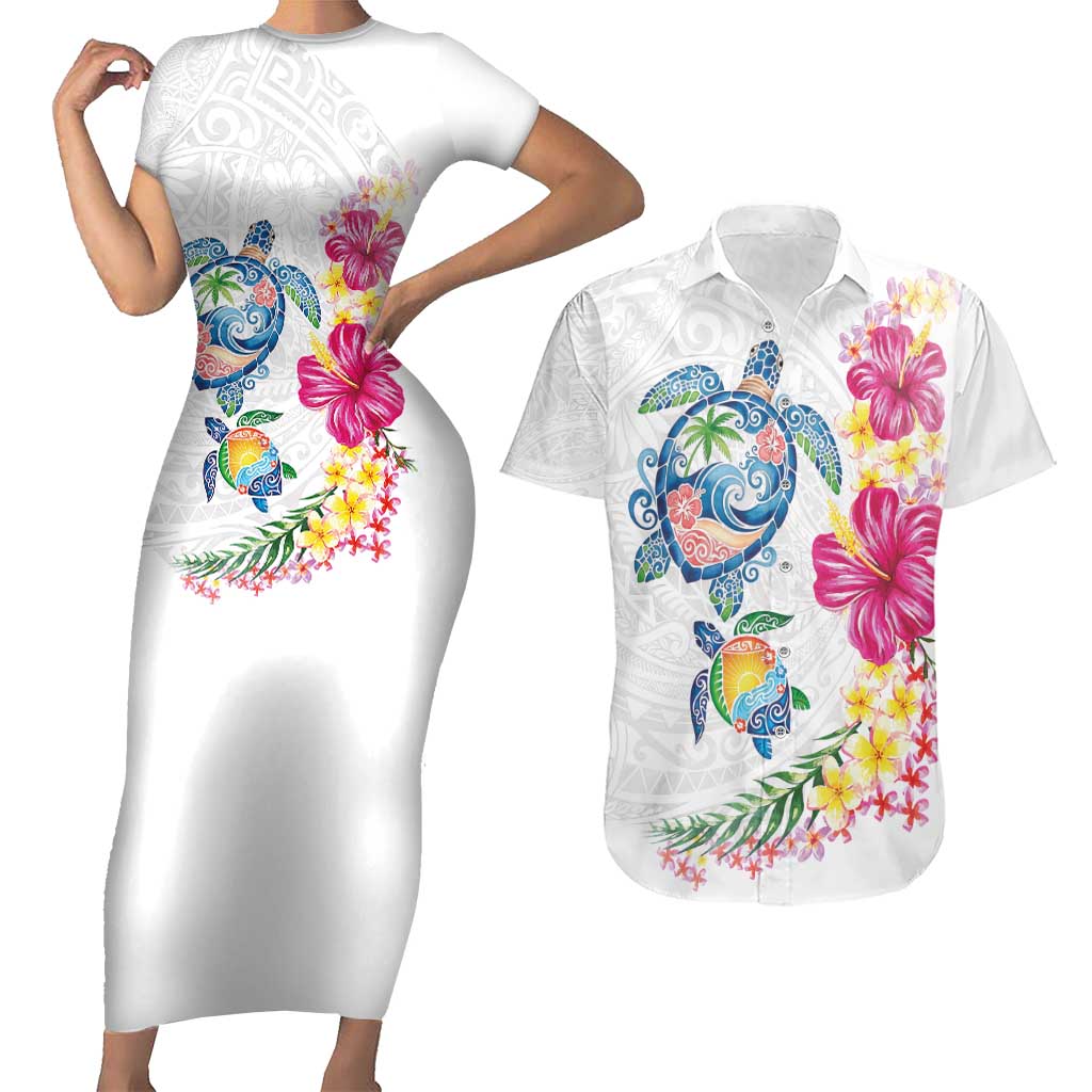 Hawaiian Abstract Art Turtles Couples Matching Short Sleeve Bodycon Dress and Hawaiian Shirt with Plumeria and Hibiscus LT03 White - Polynesian Pride