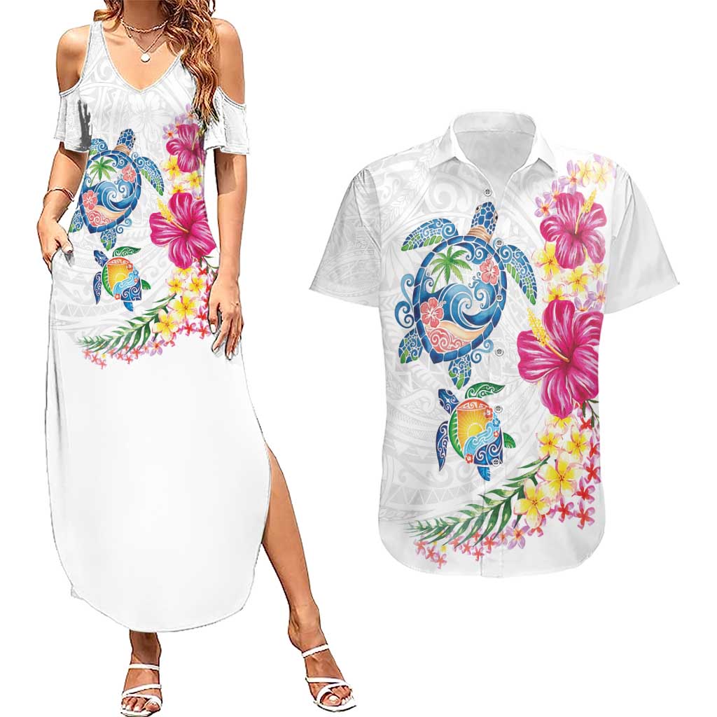 Hawaiian Abstract Art Turtles Couples Matching Summer Maxi Dress and Hawaiian Shirt with Plumeria and Hibiscus - Polynesian Pride