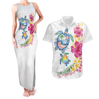 Hawaiian Abstract Art Turtles Couples Matching Tank Maxi Dress and Hawaiian Shirt with Plumeria and Hibiscus LT03 White - Polynesian Pride