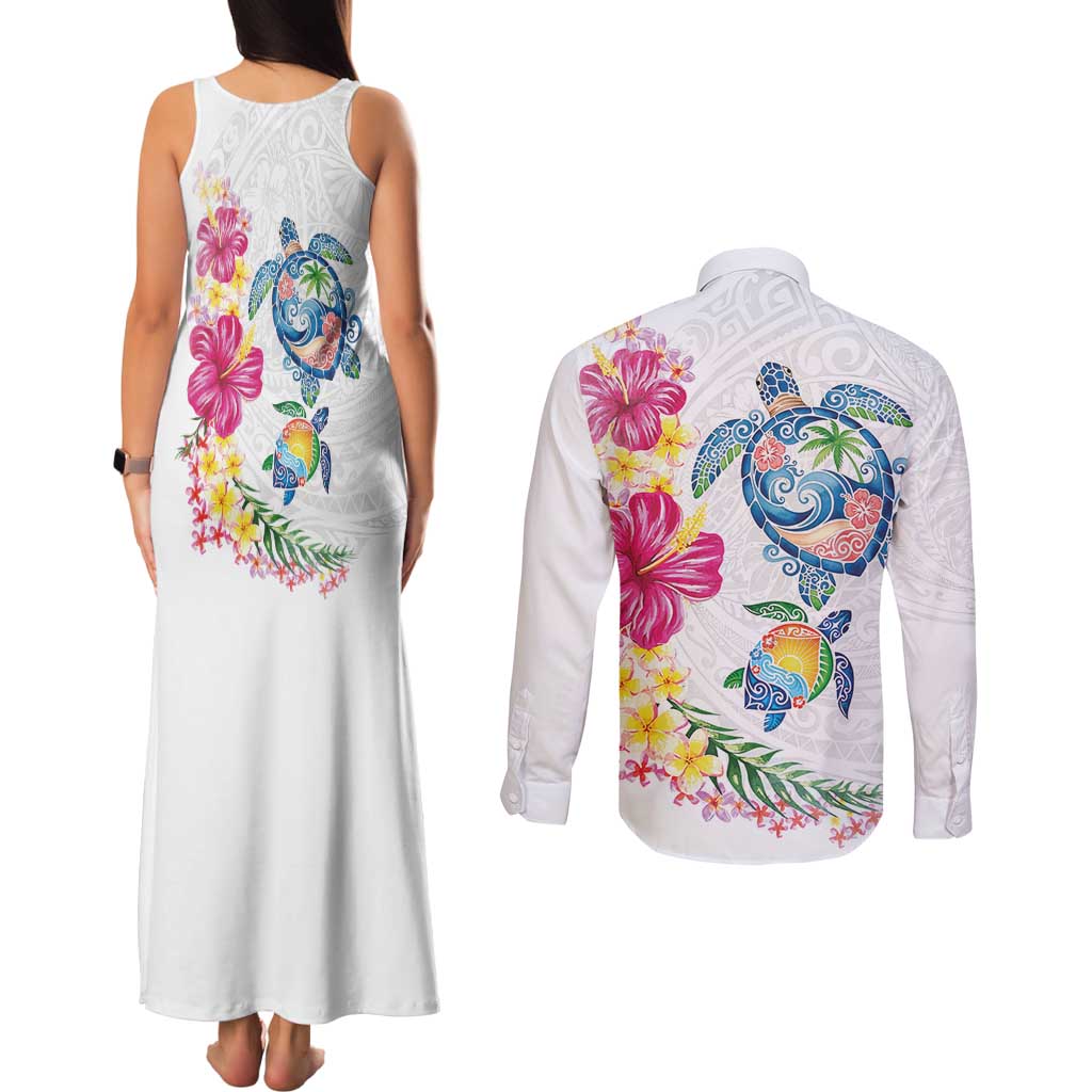 Hawaiian Abstract Art Turtles Couples Matching Tank Maxi Dress and Long Sleeve Button Shirt with Plumeria and Hibiscus - Polynesian Pride