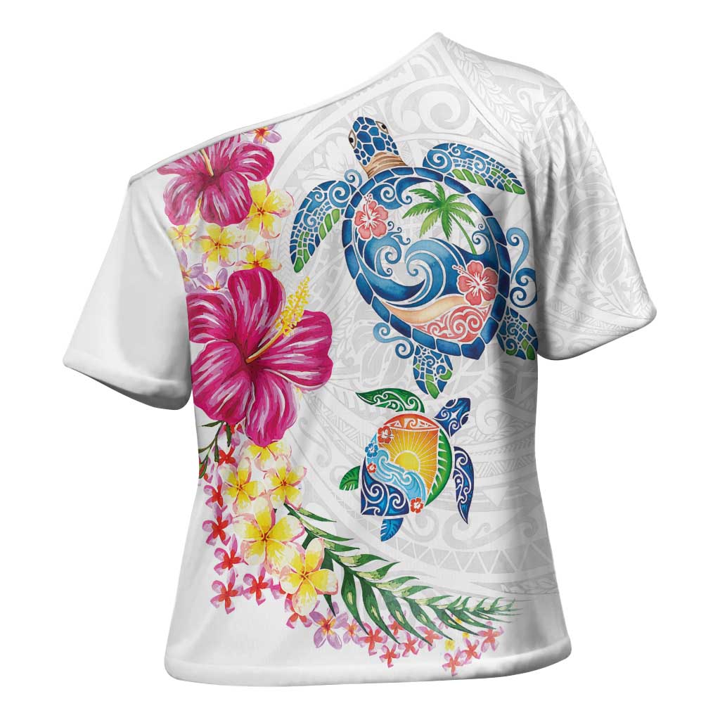Hawaiian Abstract Art Turtles Cross Shoulder Shirt with Plumeria and Hibiscus - Polynesian Pride