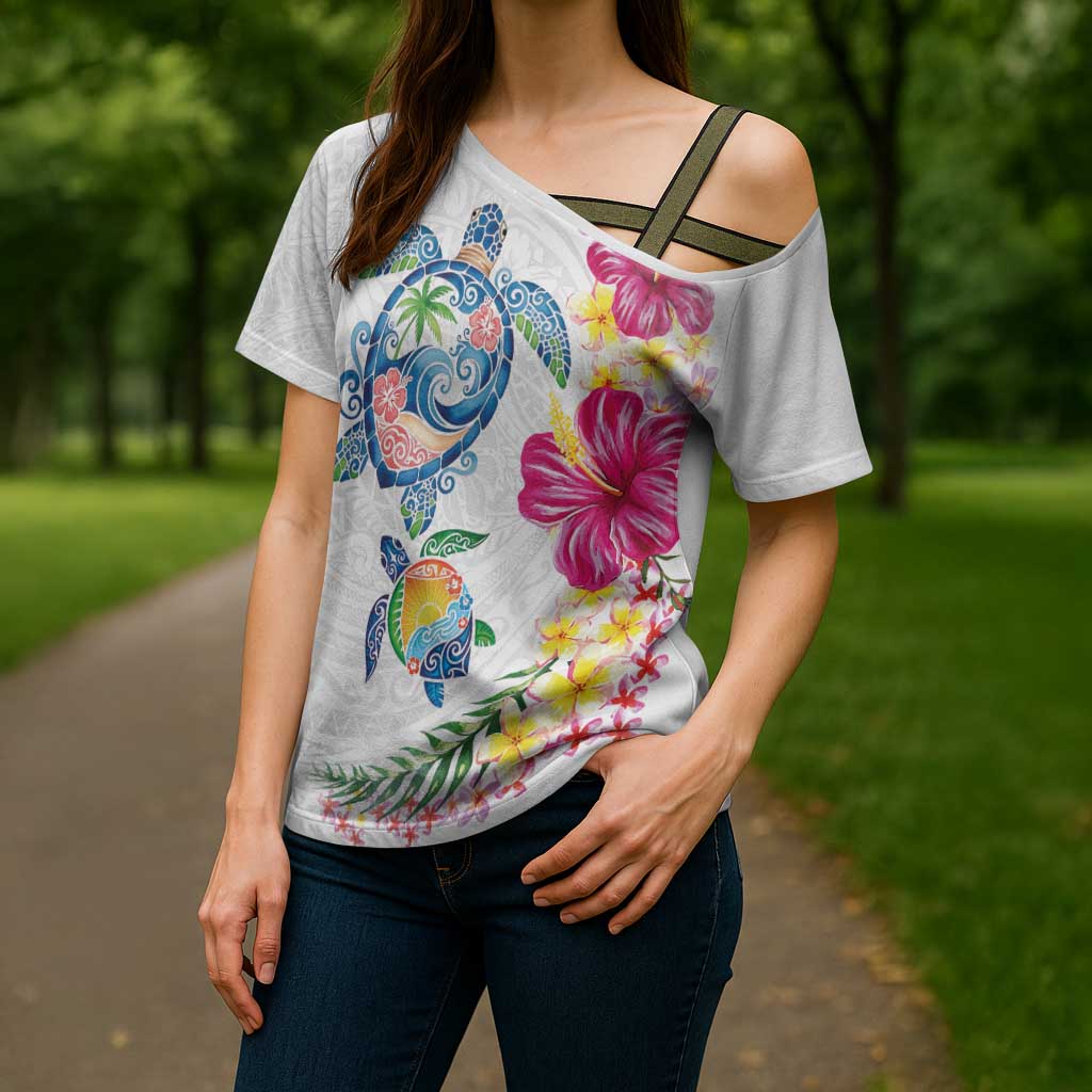 Hawaiian Abstract Art Turtles Cross Shoulder Shirt with Plumeria and Hibiscus - Polynesian Pride