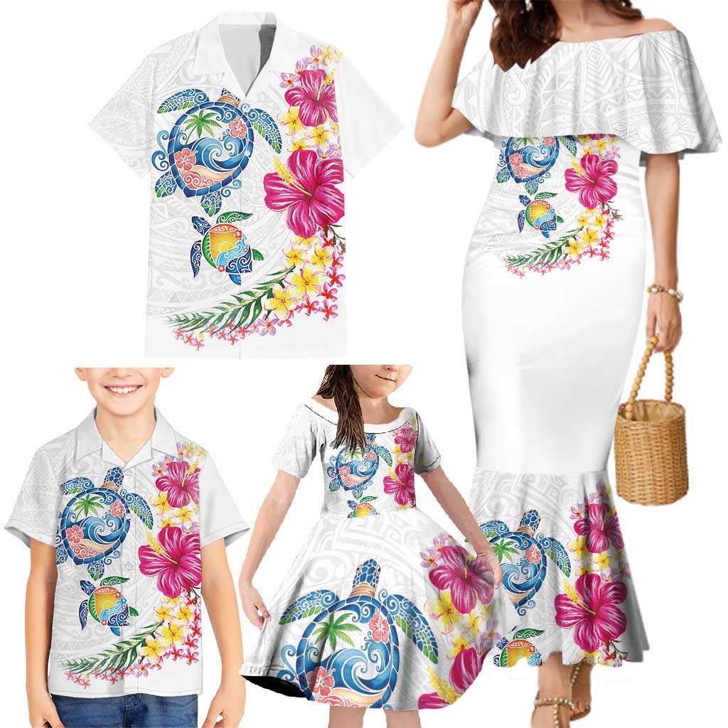 Hawaiian Abstract Art Turtles Family Matching Mermaid Dress and Hawaiian Shirt with Plumeria and Hibiscus LT03 - Polynesian Pride