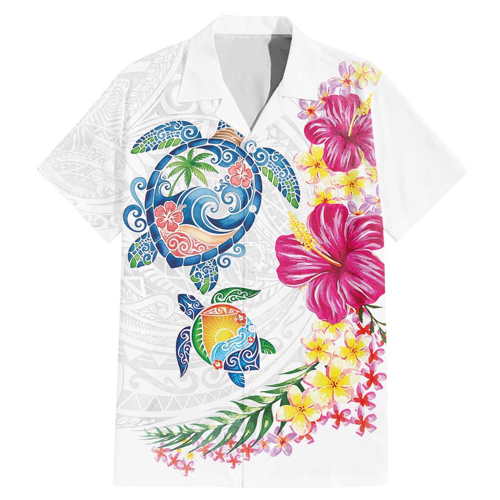 Hawaiian Abstract Art Turtles Family Matching Mermaid Dress and Hawaiian Shirt with Plumeria and Hibiscus LT03 Dad's Shirt - Short Sleeve White - Polynesian Pride