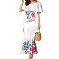 Hawaiian Abstract Art Turtles Family Matching Mermaid Dress and Hawaiian Shirt with Plumeria and Hibiscus LT03 Mom's Dress White - Polynesian Pride