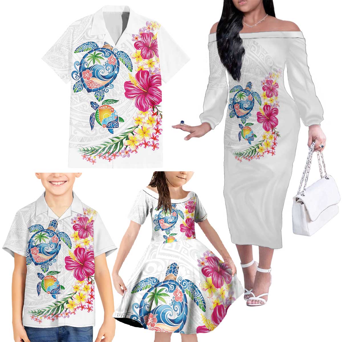 Hawaiian Abstract Art Turtles Family Matching Off The Shoulder Long Sleeve Dress and Hawaiian Shirt with Plumeria and Hibiscus LT03 - Polynesian Pride