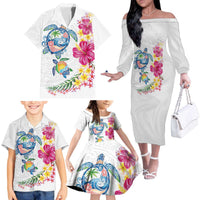 Hawaiian Abstract Art Turtles Family Matching Off The Shoulder Long Sleeve Dress and Hawaiian Shirt with Plumeria and Hibiscus LT03 - Polynesian Pride