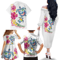 Hawaiian Abstract Art Turtles Family Matching Off The Shoulder Long Sleeve Dress and Hawaiian Shirt with Plumeria and Hibiscus LT03 - Polynesian Pride