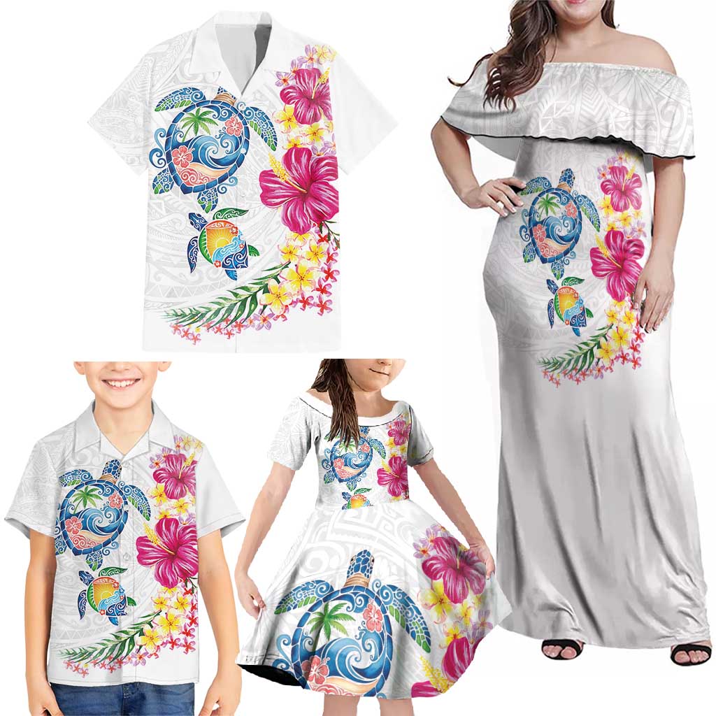 Hawaiian Abstract Art Turtles Family Matching Off Shoulder Maxi Dress and Hawaiian Shirt with Plumeria and Hibiscus LT03 - Polynesian Pride