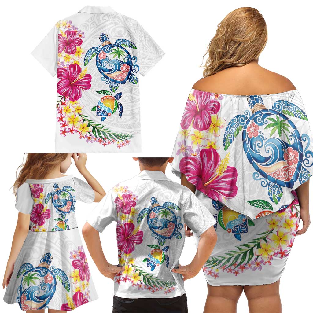 Hawaiian Abstract Art Turtles Family Matching Off Shoulder Short Dress and Hawaiian Shirt with Plumeria and Hibiscus LT03 - Polynesian Pride