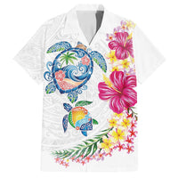 Hawaiian Abstract Art Turtles Family Matching Puletasi and Hawaiian Shirt with Plumeria and Hibiscus LT03 Dad's Shirt - Short Sleeve White - Polynesian Pride