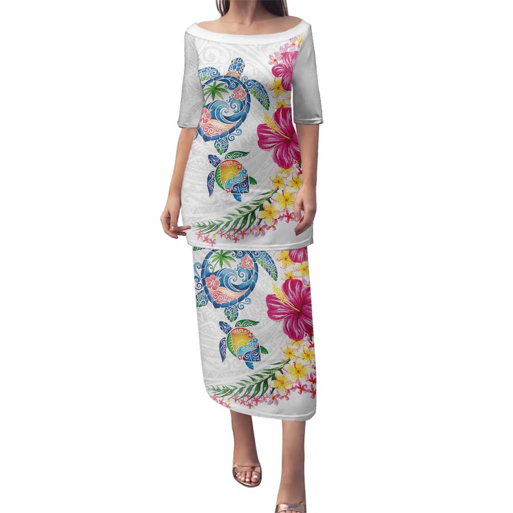 Hawaiian Abstract Art Turtles Family Matching Puletasi and Hawaiian Shirt with Plumeria and Hibiscus LT03 Mom's Dress White - Polynesian Pride