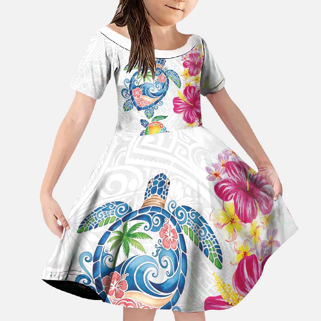 Hawaiian Abstract Art Turtles Family Matching Summer Maxi Dress and Hawaiian Shirt with Plumeria and Hibiscus LT03 Daughter's Dress White - Polynesian Pride
