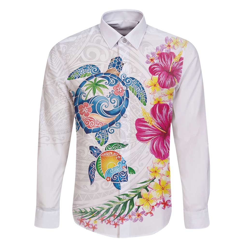 Hawaiian Abstract Art Turtles Family Matching Tank Maxi Dress and Hawaiian Shirt with Plumeria and Hibiscus LT03 Dad's Shirt - Long Sleeve White - Polynesian Pride