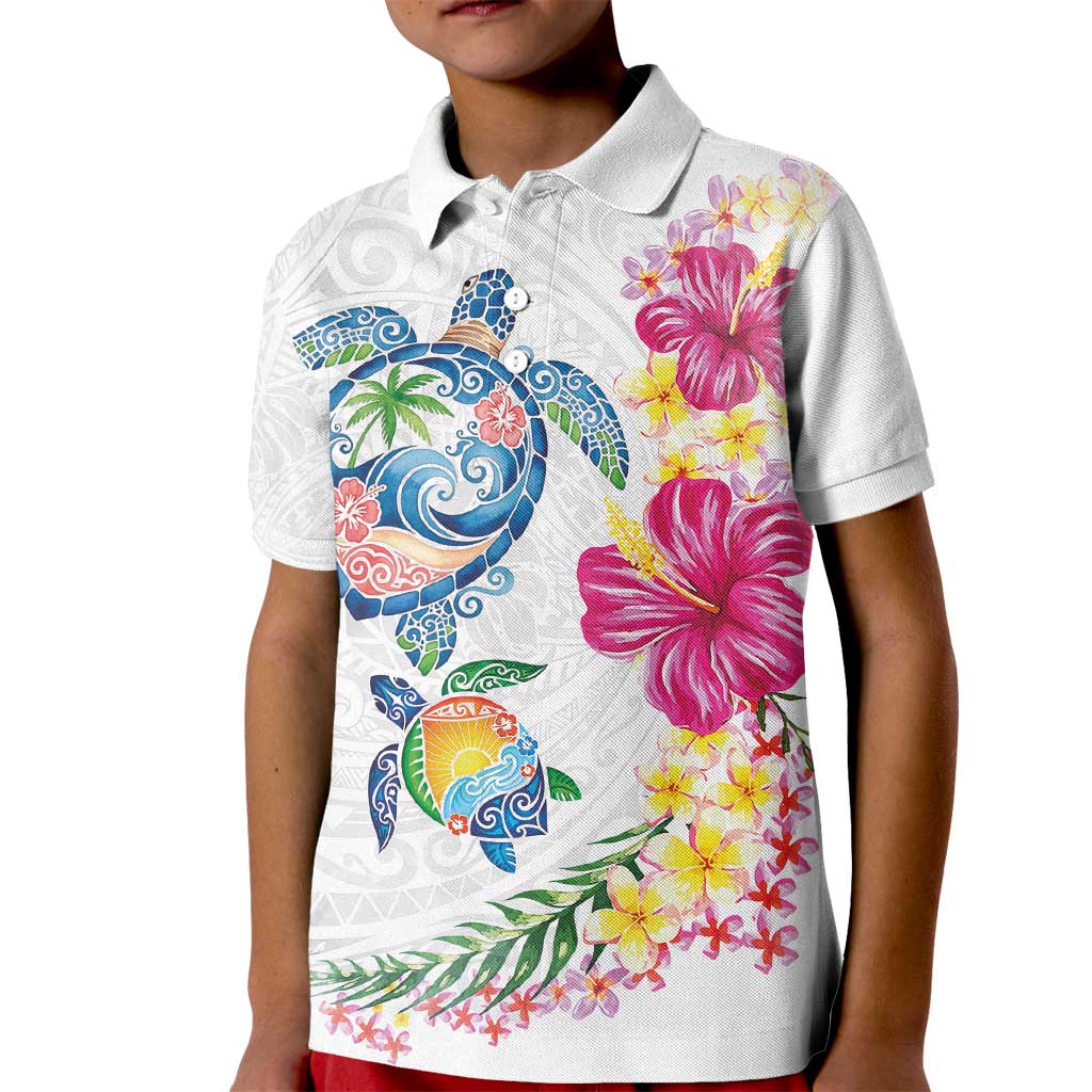 Hawaiian Abstract Art Turtles Kid Polo Shirt with Plumeria and Hibiscus - Polynesian Pride