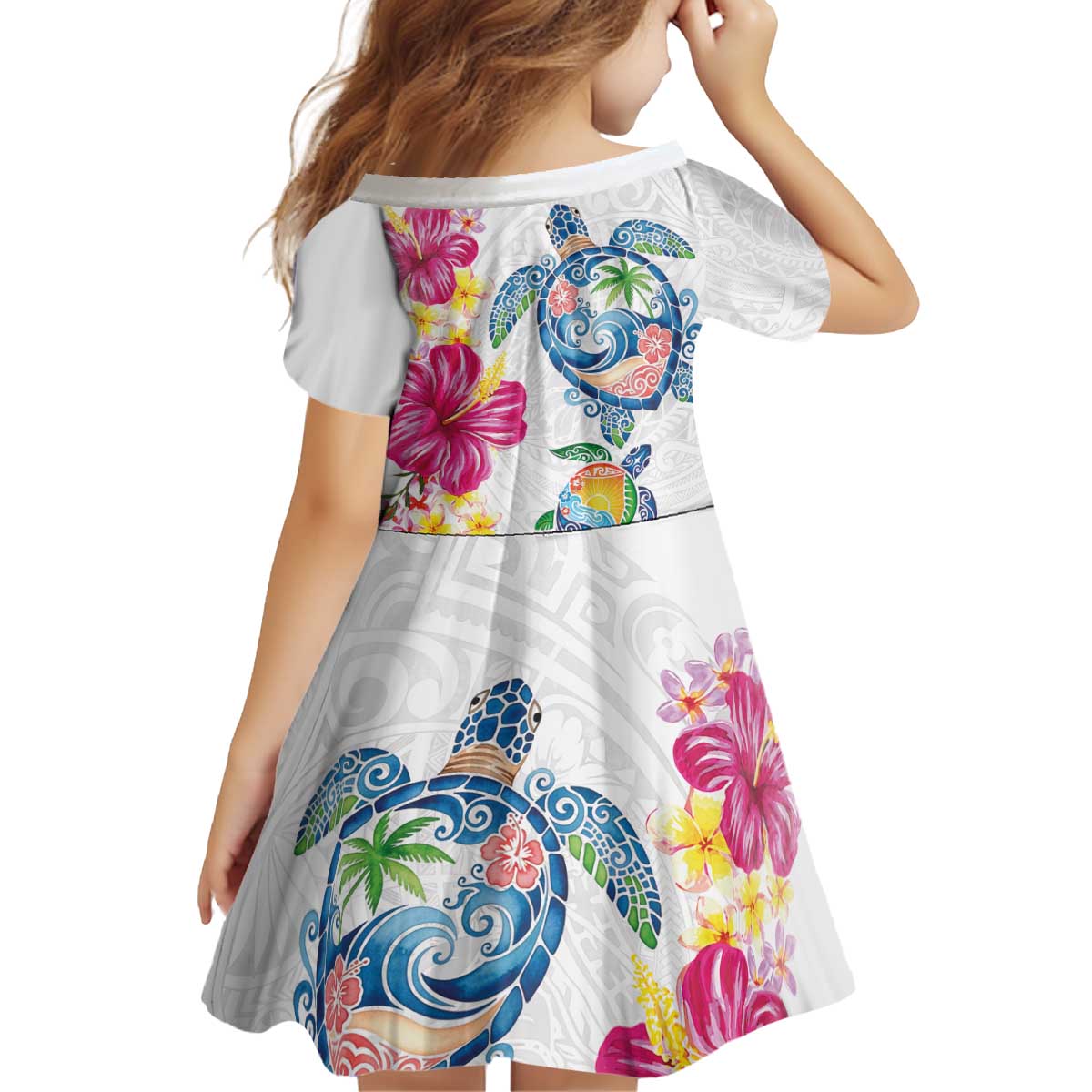 Hawaiian Abstract Art Turtles Kid Short Sleeve Dress with Plumeria and Hibiscus - Polynesian Pride