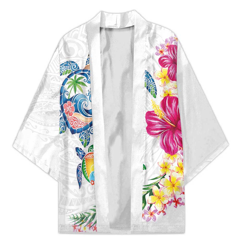 Hawaiian Abstract Art Turtles Kimono with Plumeria and Hibiscus - Polynesian Pride