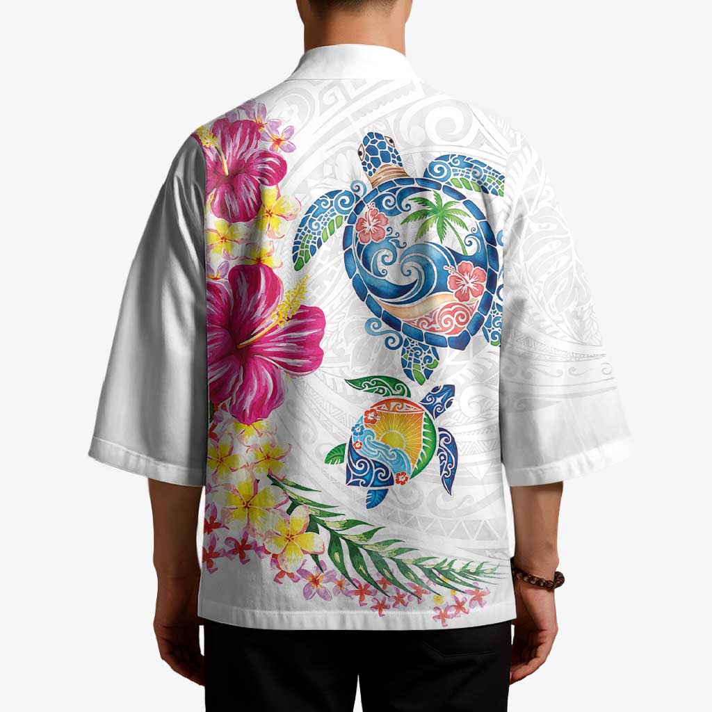 Hawaiian Abstract Art Turtles Kimono with Plumeria and Hibiscus - Polynesian Pride