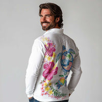 Hawaiian Abstract Art Turtles Long Sleeve Polo Shirt with Plumeria and Hibiscus - Polynesian Pride