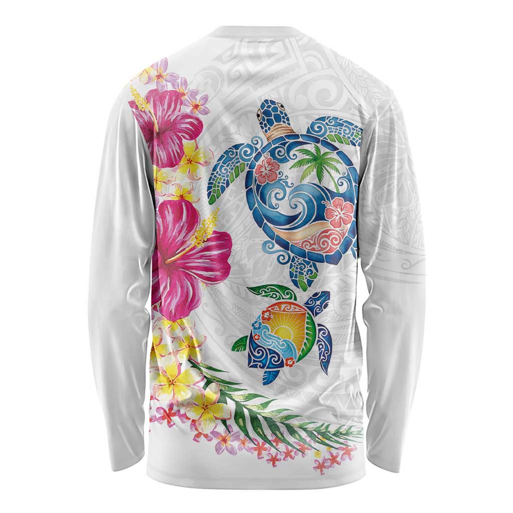 Hawaiian Abstract Art Turtles Long Sleeve Shirt with Plumeria and Hibiscus - Polynesian Pride