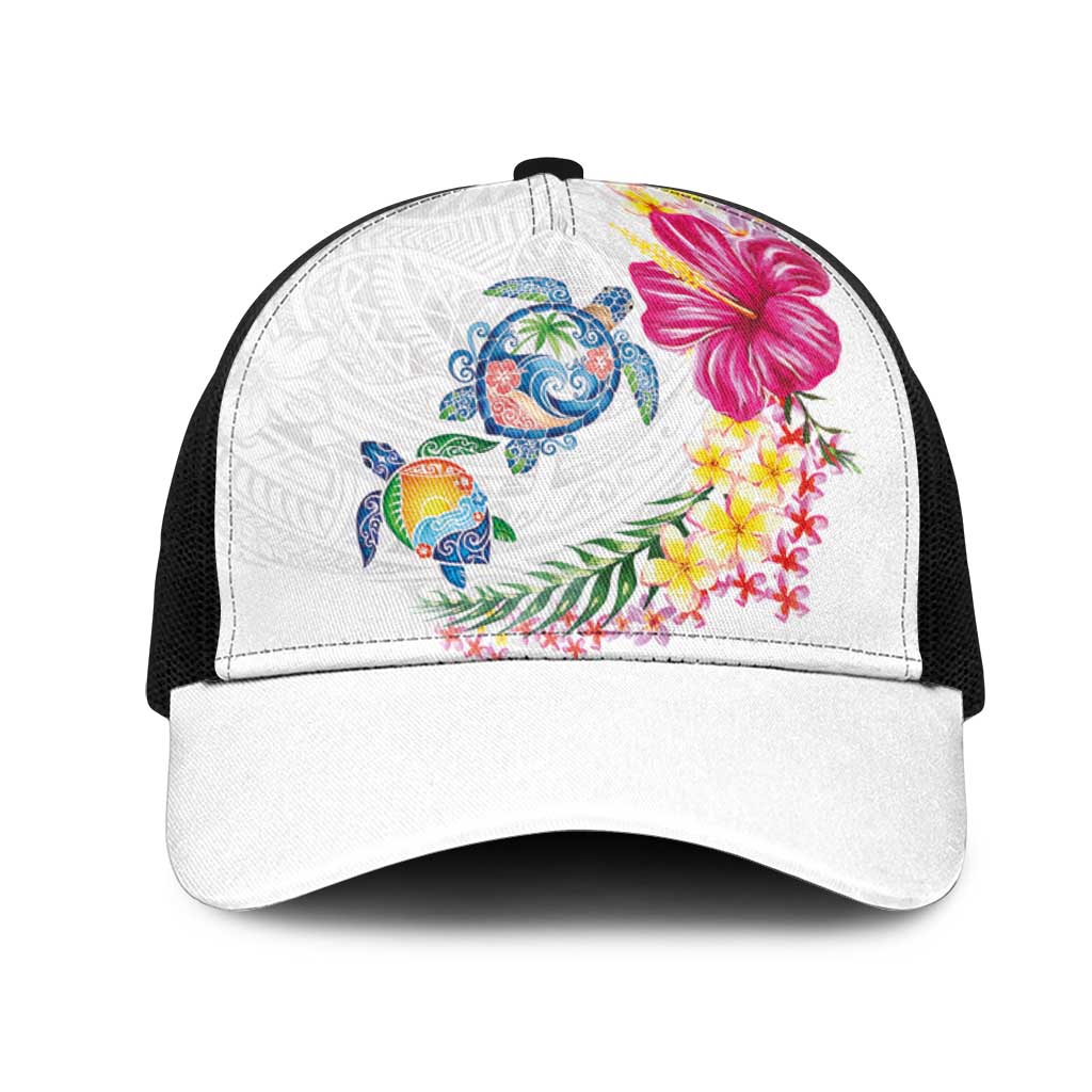 Hawaiian Abstract Art Turtles Mesh Trucker Cap with Plumeria and Hibiscus - Polynesian Pride