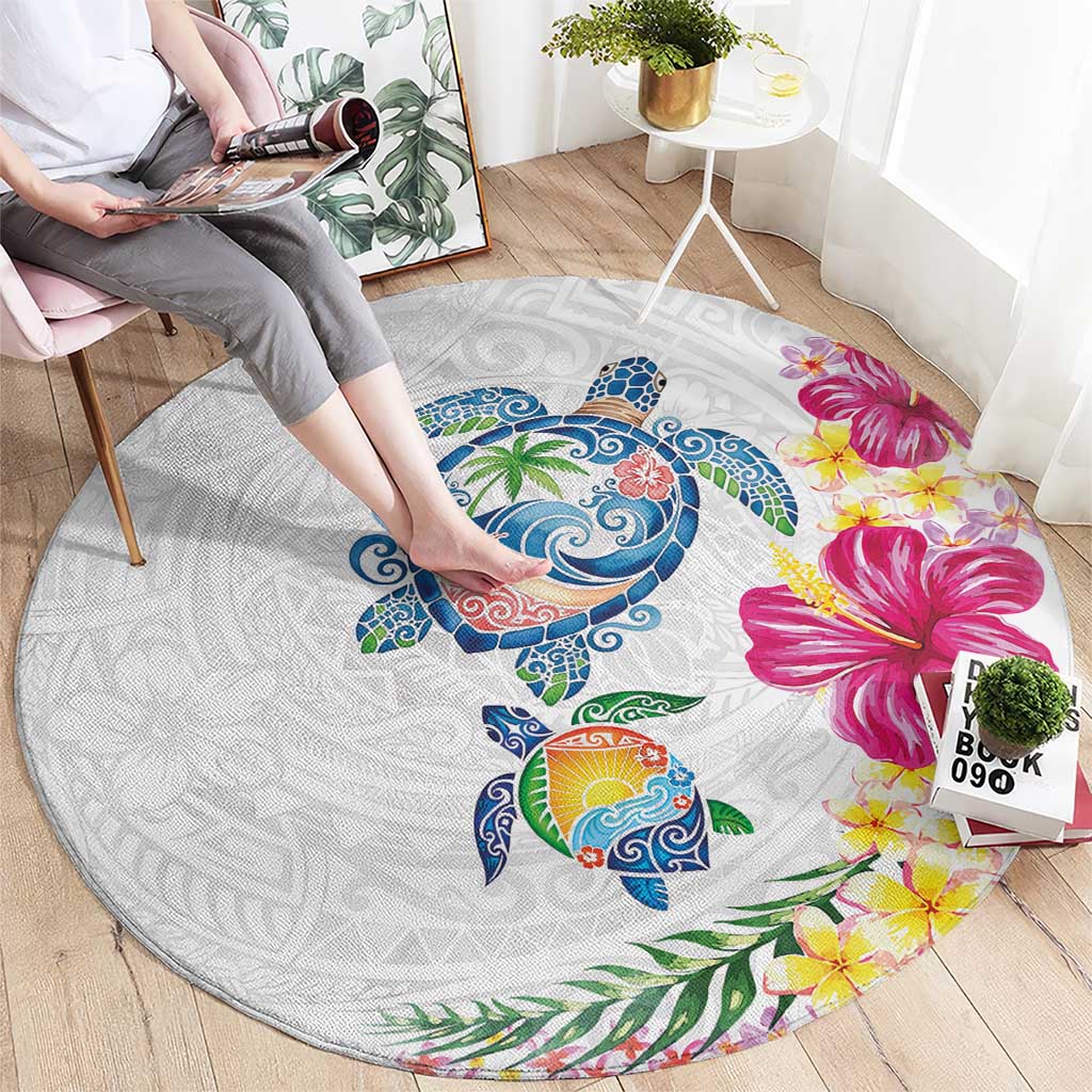 Hawaiian Abstract Art Turtles Round Carpet with Plumeria and Hibiscus - Polynesian Pride