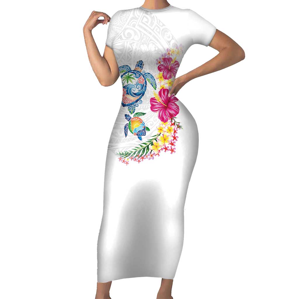 Hawaiian Abstract Art Turtles Short Sleeve Bodycon Dress with Plumeria and Hibiscus - Polynesian Pride
