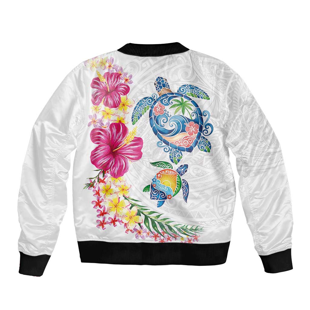 Hawaiian Abstract Art Turtles Sleeve Zip Bomber Jacket with Plumeria and Hibiscus - Polynesian Pride