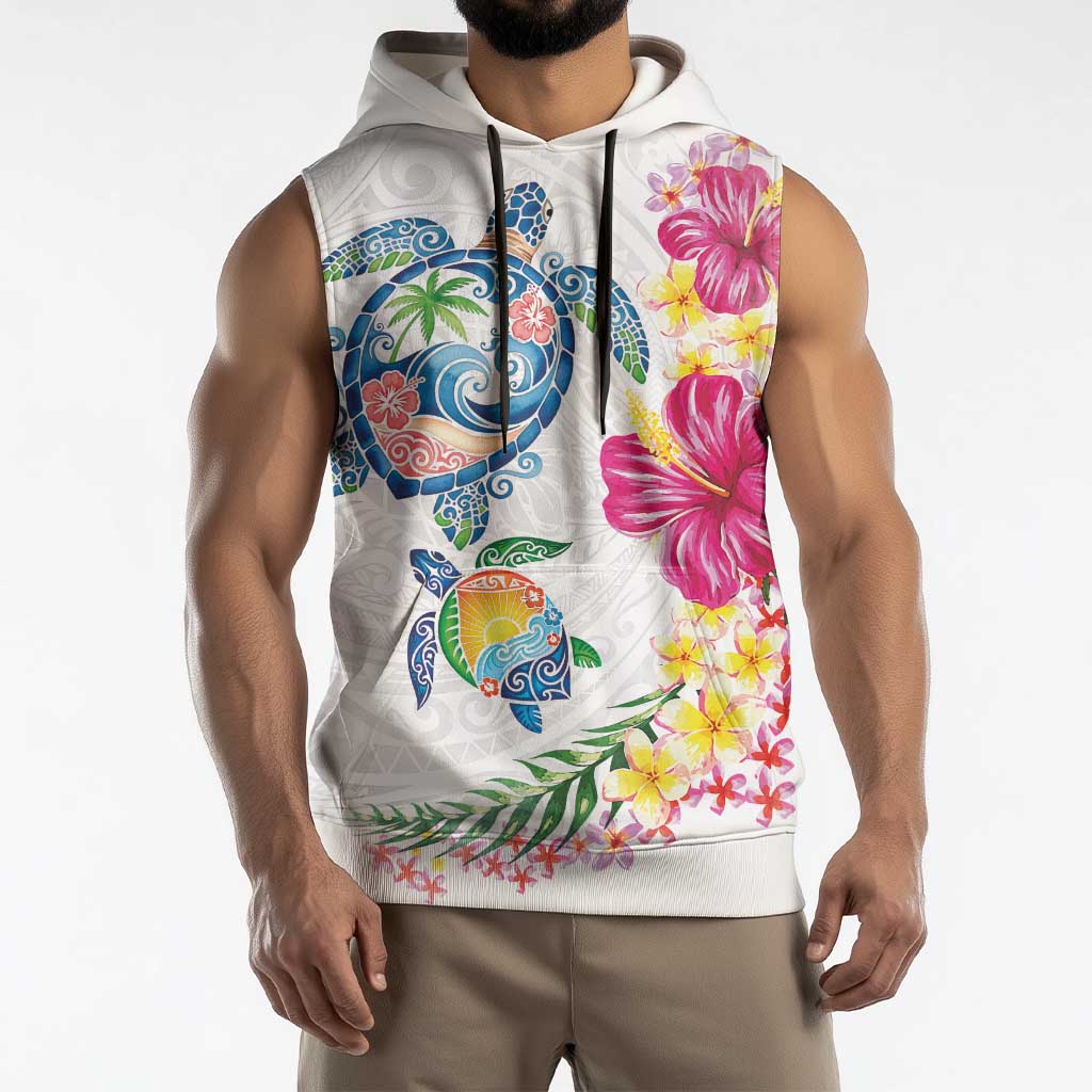 Hawaiian Abstract Art Turtles Sleeveless Hoodie with Plumeria and Hibiscus - Polynesian Pride