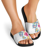 Hawaiian Abstract Art Turtles Slide Sandals with Plumeria and Hibiscus - Polynesian Pride