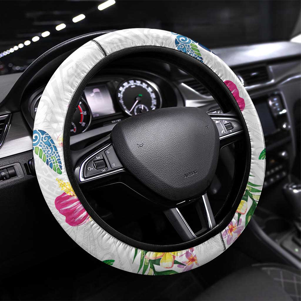 Hawaiian Abstract Art Turtles Steering Wheel Cover with Plumeria and Hibiscus - Polynesian Pride