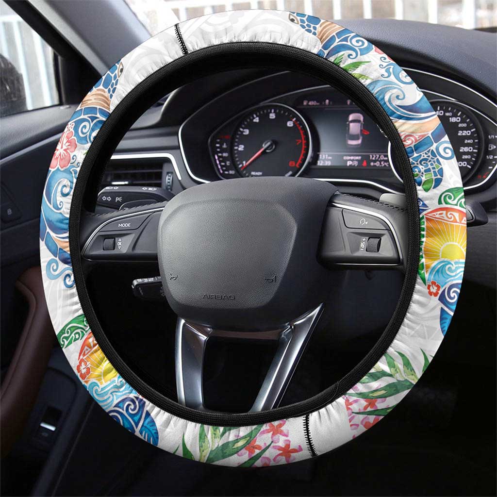 Hawaiian Abstract Art Turtles Steering Wheel Cover with Plumeria and Hibiscus - Polynesian Pride