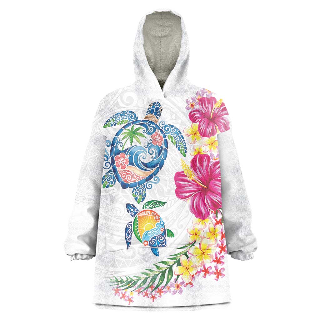 Hawaiian Abstract Art Turtles Wearable Blanket Hoodie with Plumeria and Hibiscus - Polynesian Pride