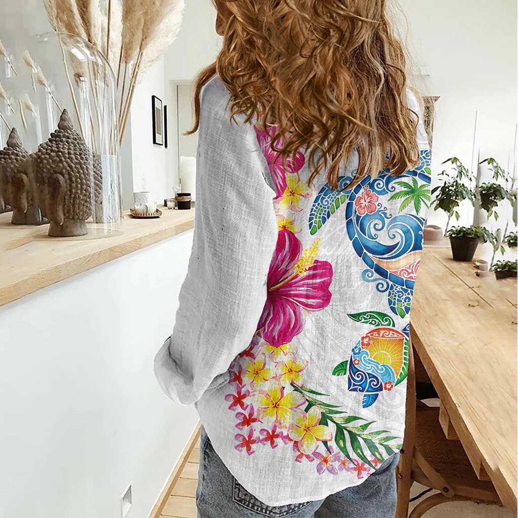 Hawaiian Abstract Art Turtles Women Casual Shirt with Plumeria and Hibiscus - Polynesian Pride