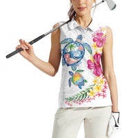 Hawaiian Abstract Art Turtles Women Sleeveless Polo Shirt with Plumeria and Hibiscus - Polynesian Pride