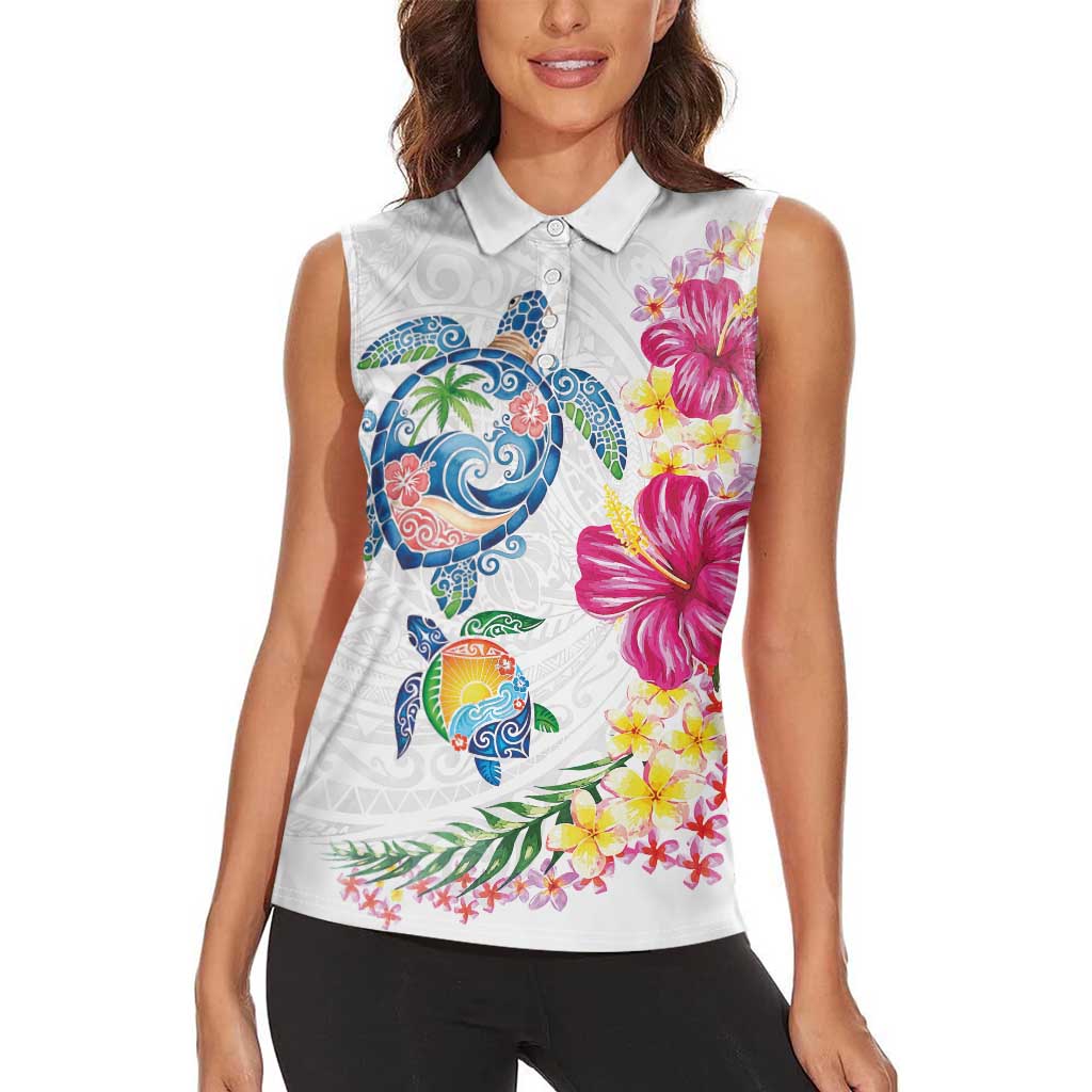 Hawaiian Abstract Art Turtles Women Sleeveless Polo Shirt with Plumeria and Hibiscus - Polynesian Pride