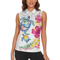 Hawaiian Abstract Art Turtles Women Sleeveless Polo Shirt with Plumeria and Hibiscus - Polynesian Pride