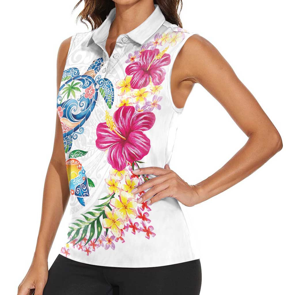 Hawaiian Abstract Art Turtles Women Sleeveless Polo Shirt with Plumeria and Hibiscus - Polynesian Pride