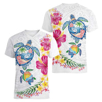 Hawaiian Abstract Art Turtles Women V-Neck T-Shirt with Plumeria and Hibiscus - Polynesian Pride
