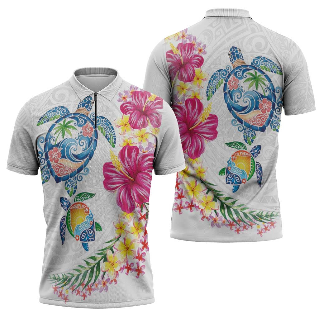 Hawaiian Abstract Art Turtles Zipper Polo Shirt with Plumeria and Hibiscus - Polynesian Pride