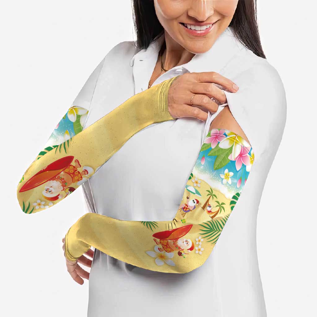 Hawaiian Mele Kalikimaka Arm Sleeves Tropical Plumeria and Lei Funny Santa Beach - Polynesian Pride