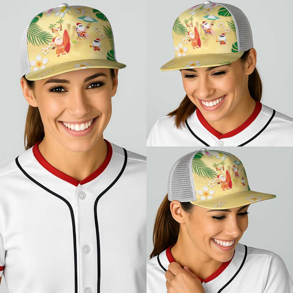 Hawaiian Mele Kalikimaka Baseball Net Cap Funny Santa Claus on Beach with Tropical Plants and Lei - Polynesian Pride